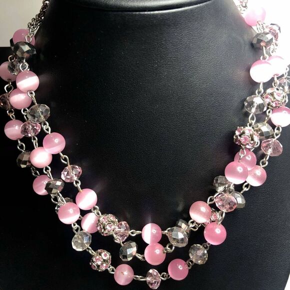 2576 Monet gold tone Pink cats eye faceted layered bead necklace 18" long - Picture 1 of 3